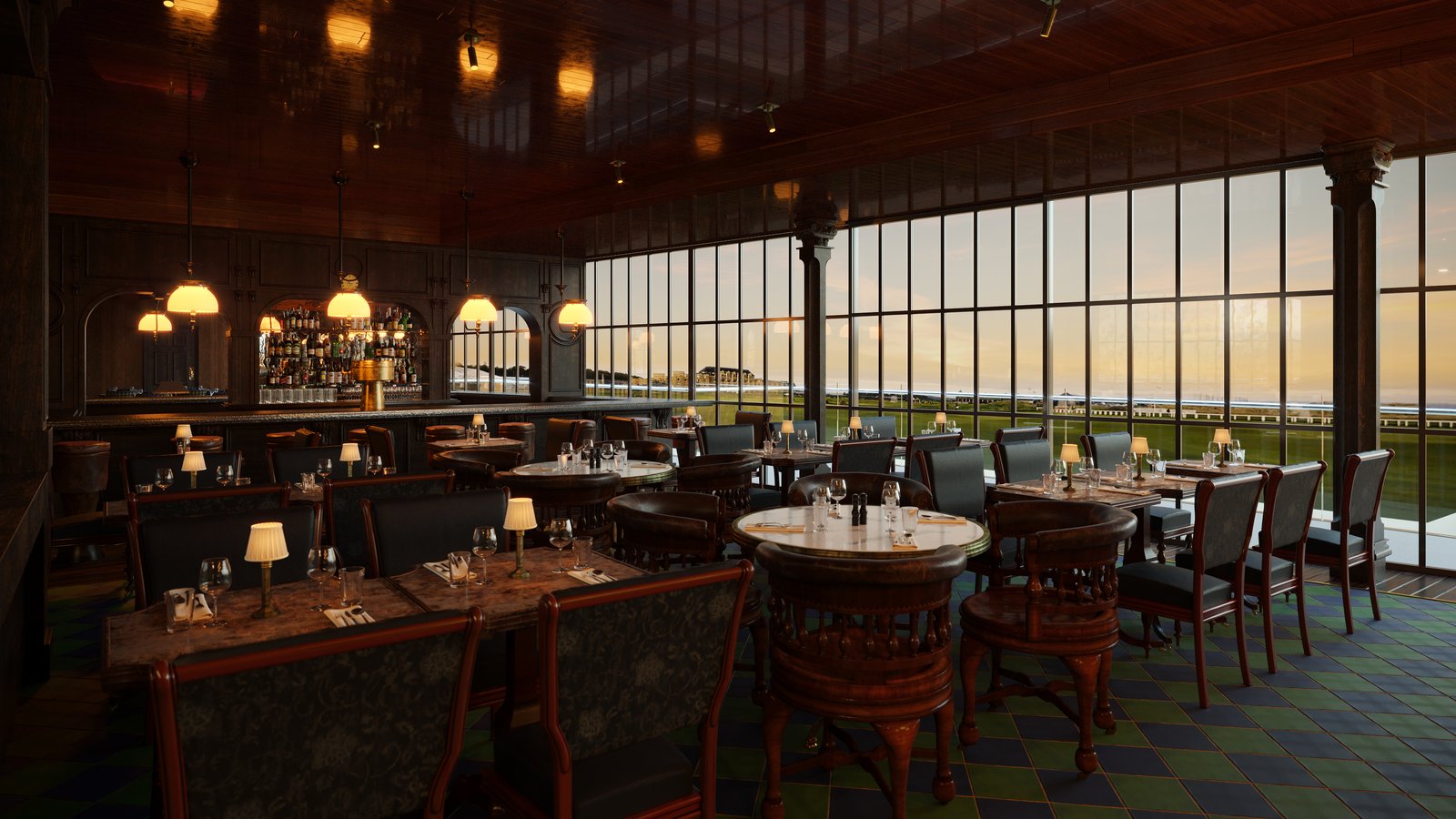 Wood-paneled hotel dining room with lamp-lit tables and tall windows looking out over a links course at dusk